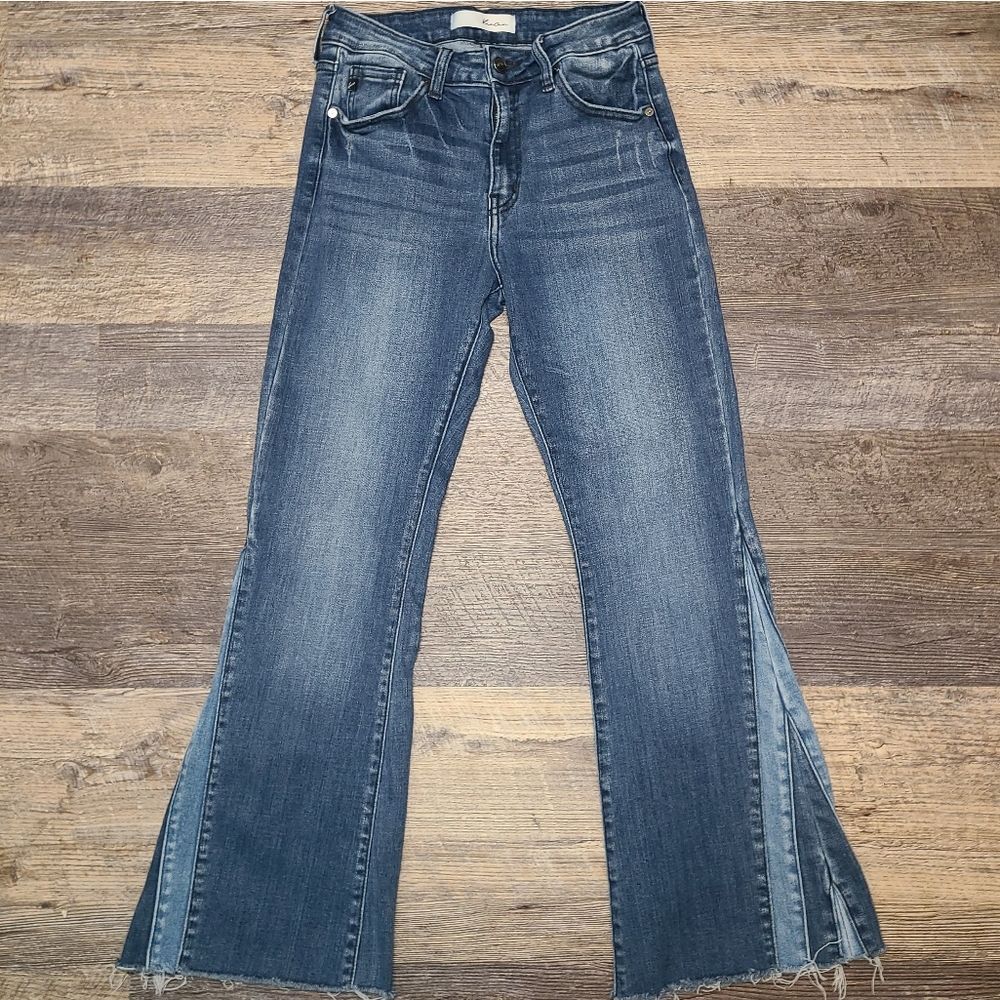 Kancan Two Tone Mid Rise Flare Leg Jeans - Picture 2 of 14